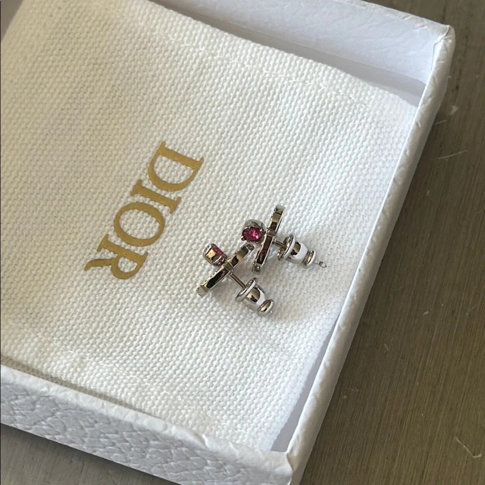 Christian Dior Pink Crystal Earrings logo with box and ribbon - Picture 3 of 7